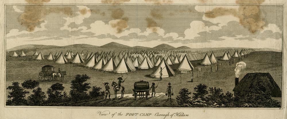 View of Curragh Camp. A soldier on horseback in the foreground raising his right hand, talking to another standing to the left, a man guiding a horse-pulled cart with a large barrel towards the tents, another nearby holding two buckets; a cottage with smoke coming out the chimney to the right and a coach approaching the soldiers in the left.